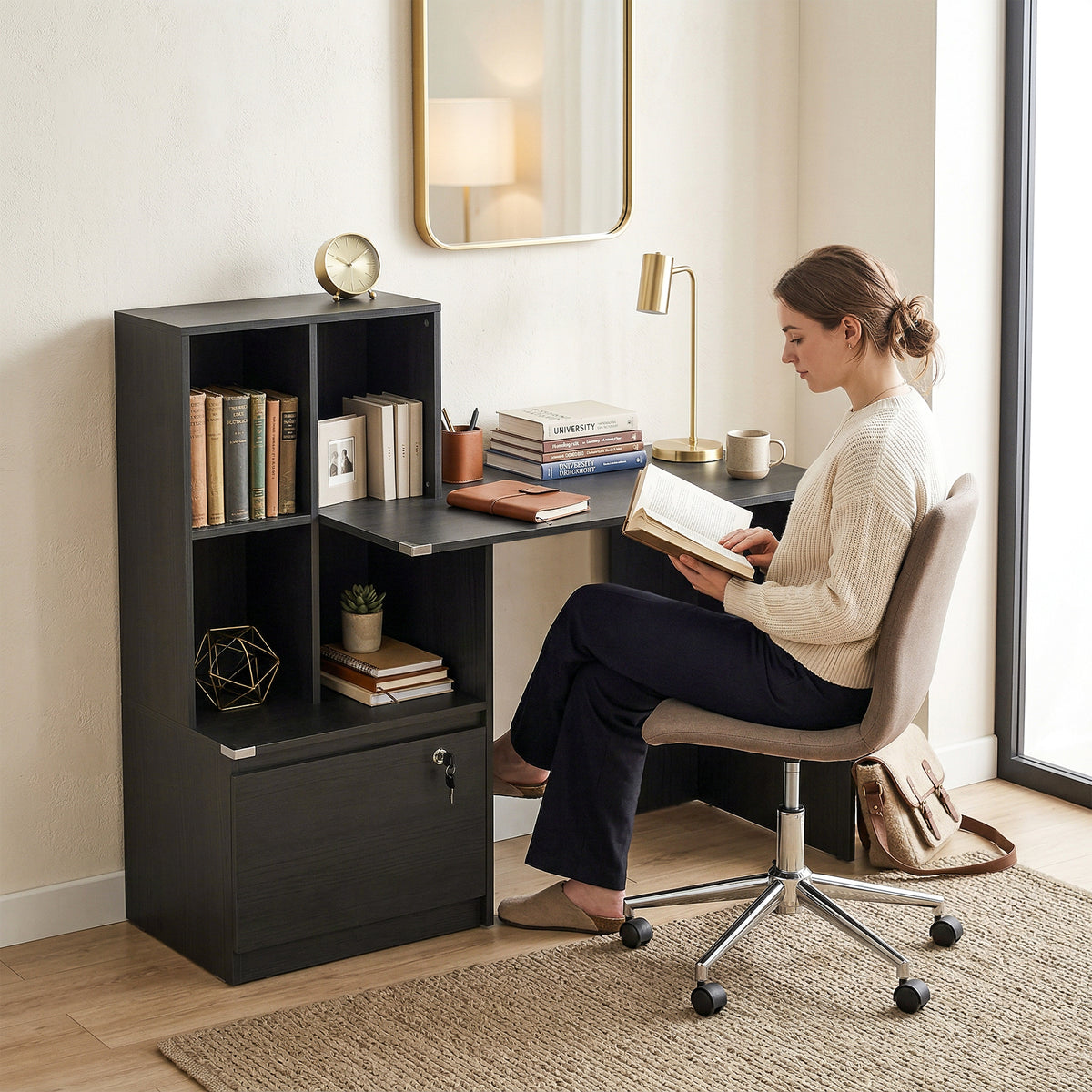 Bureau d'ordinateur avec bibliothèque 4 compartiments et tiroir verrouillable, 126 x 50 x 109 cm, noir