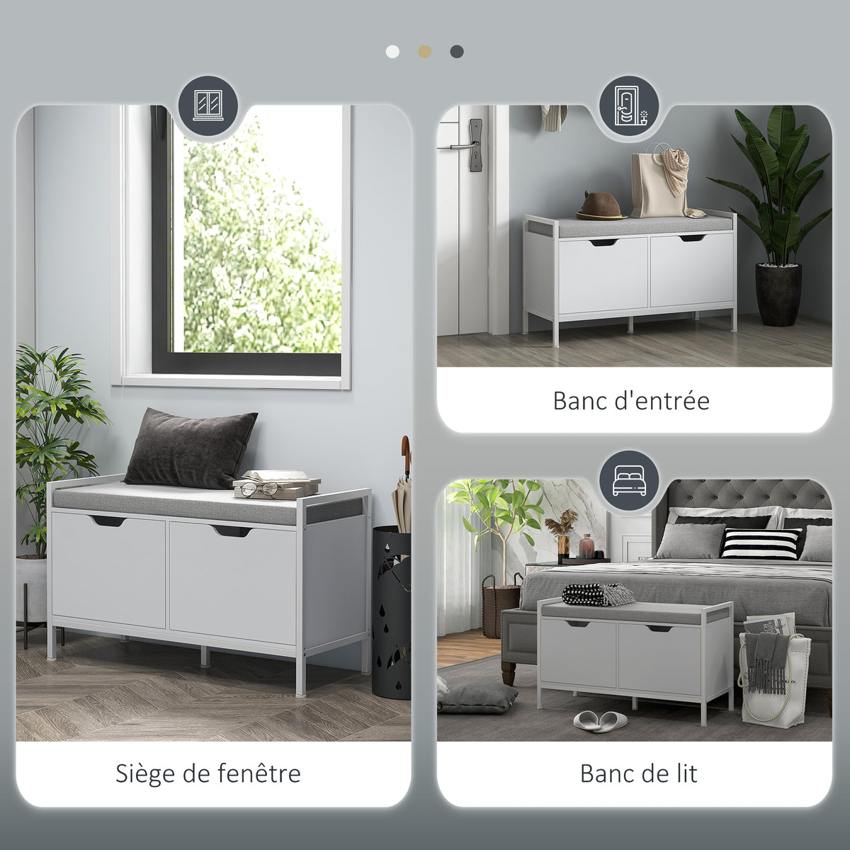 Banc meuble à chaussures, 2 placards, meuble d'entrée avec coussin rembourrée, 84l x 35P x 50H cm, blanc