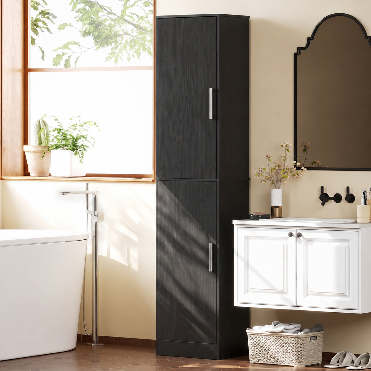 Colonna da bagno a 6 livelli, mobile contenitore stretto, 2 ante e 4 ripiani regolabili, 40x35x180cm, nero