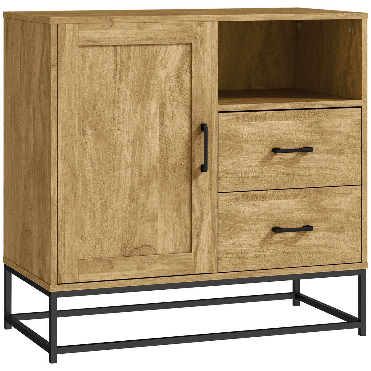 Buffet, meuble de rangement avec 2 tiroirs, compartiment ouvert et étagère réglable, 80l x 40P x 78H cm, naturel