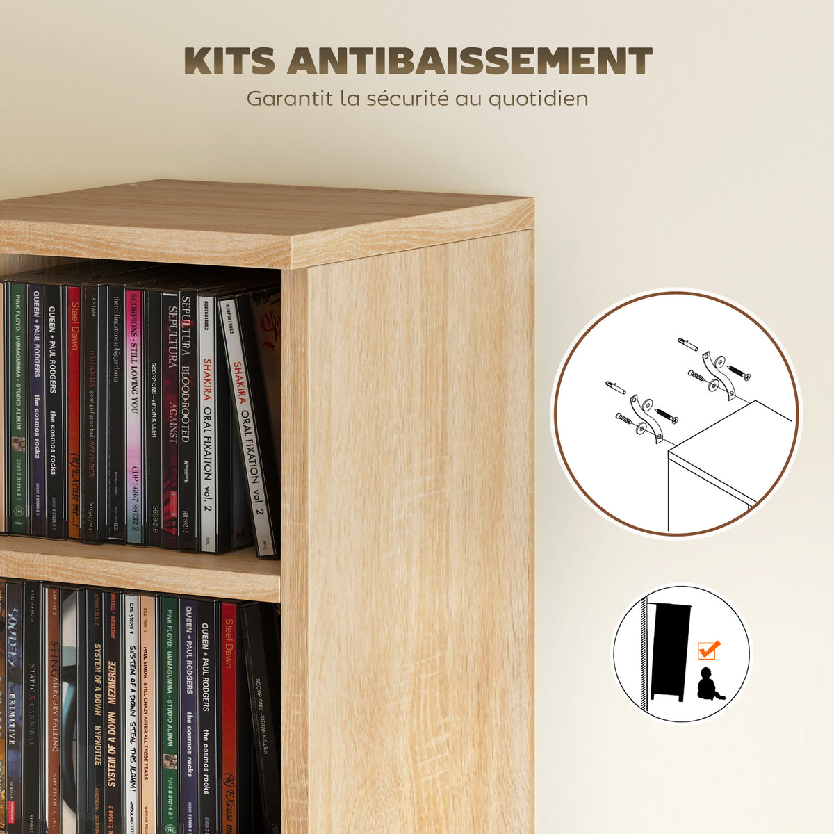 Lot de 2 étagères colonnes armoire de rangement CD-DVD 12 compartiments 21 x 22,5 x 88,5 cm capacité 204 CD chêne