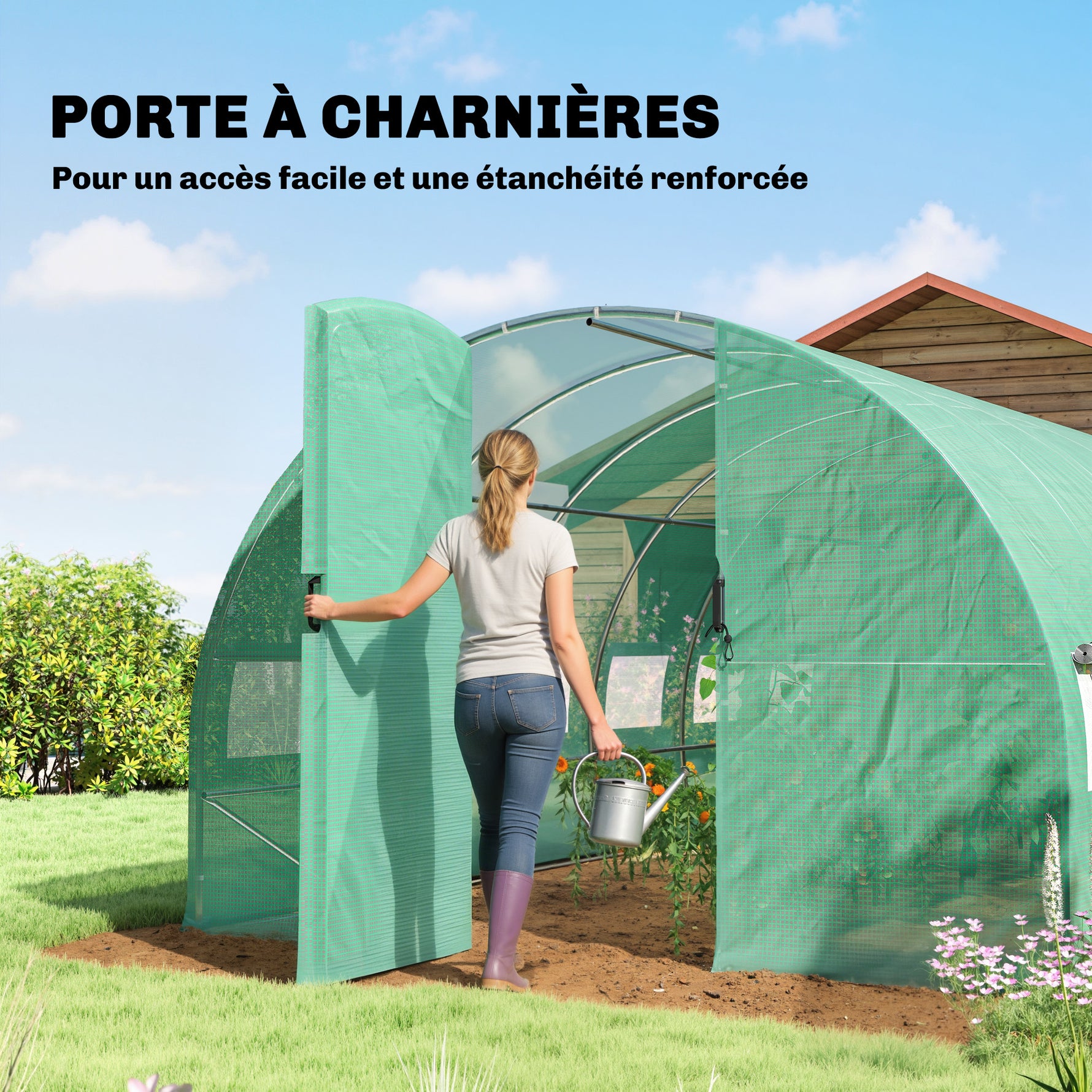 Serre tunnel de jardin 18m², serre de jardin tunnel avec porte et 12 fenêtres avec moustiquaires, 295x597x200cm, vert