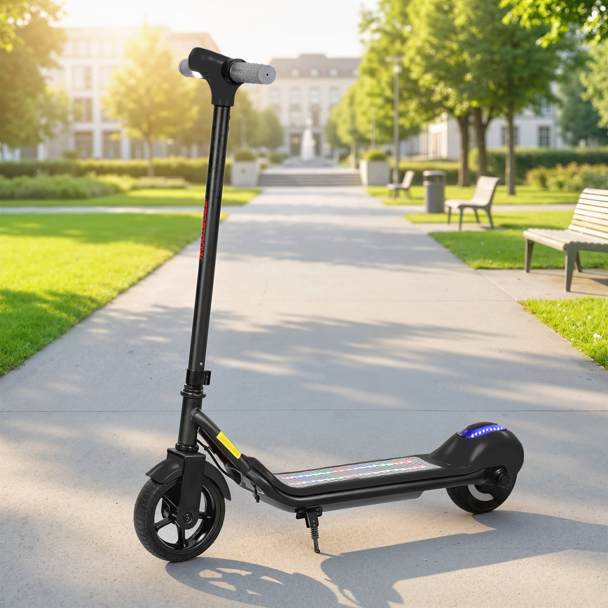 Trottinette électrique enfants 6-14 ans, écran LED, lumières RGB, pneus 6,5'', vitesse 10 km/h, démarrage au kick, noir