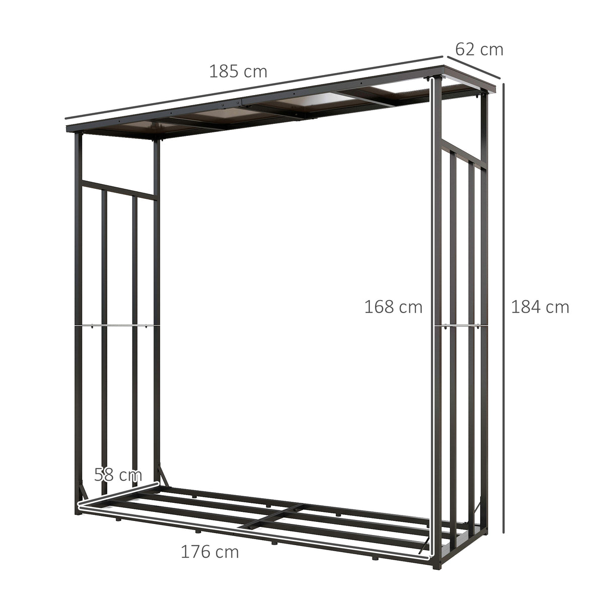 Abri-bûches range-bûche extérieur charge maximale 2000 kg avec housse de protection imperméable 185 x 62 x 184 cm noir