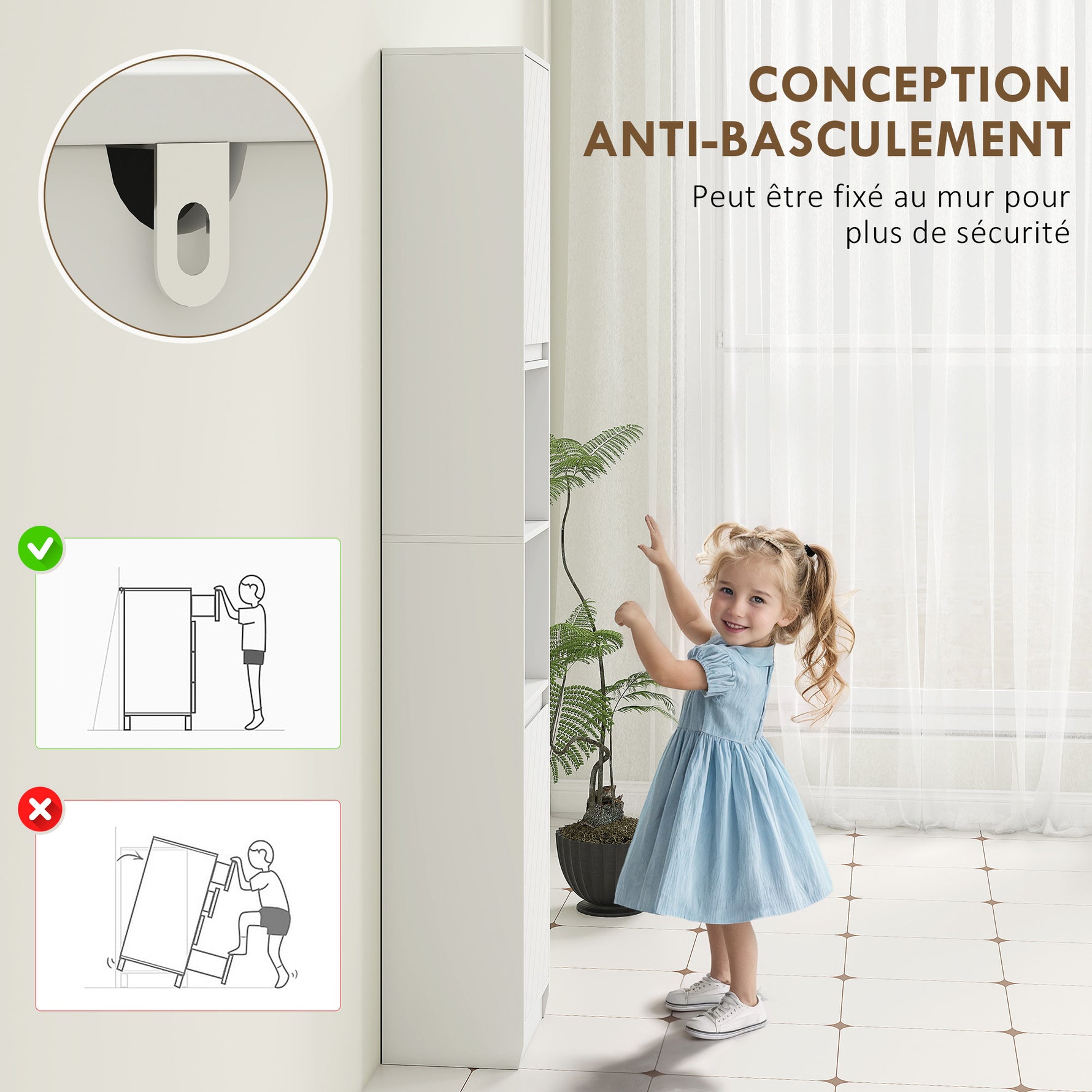 Meuble colonne salle de bain, meuble de rangement avec 2 portes, 2 compartiments ouverts, , 30 x 24 x 170 cm, blanc