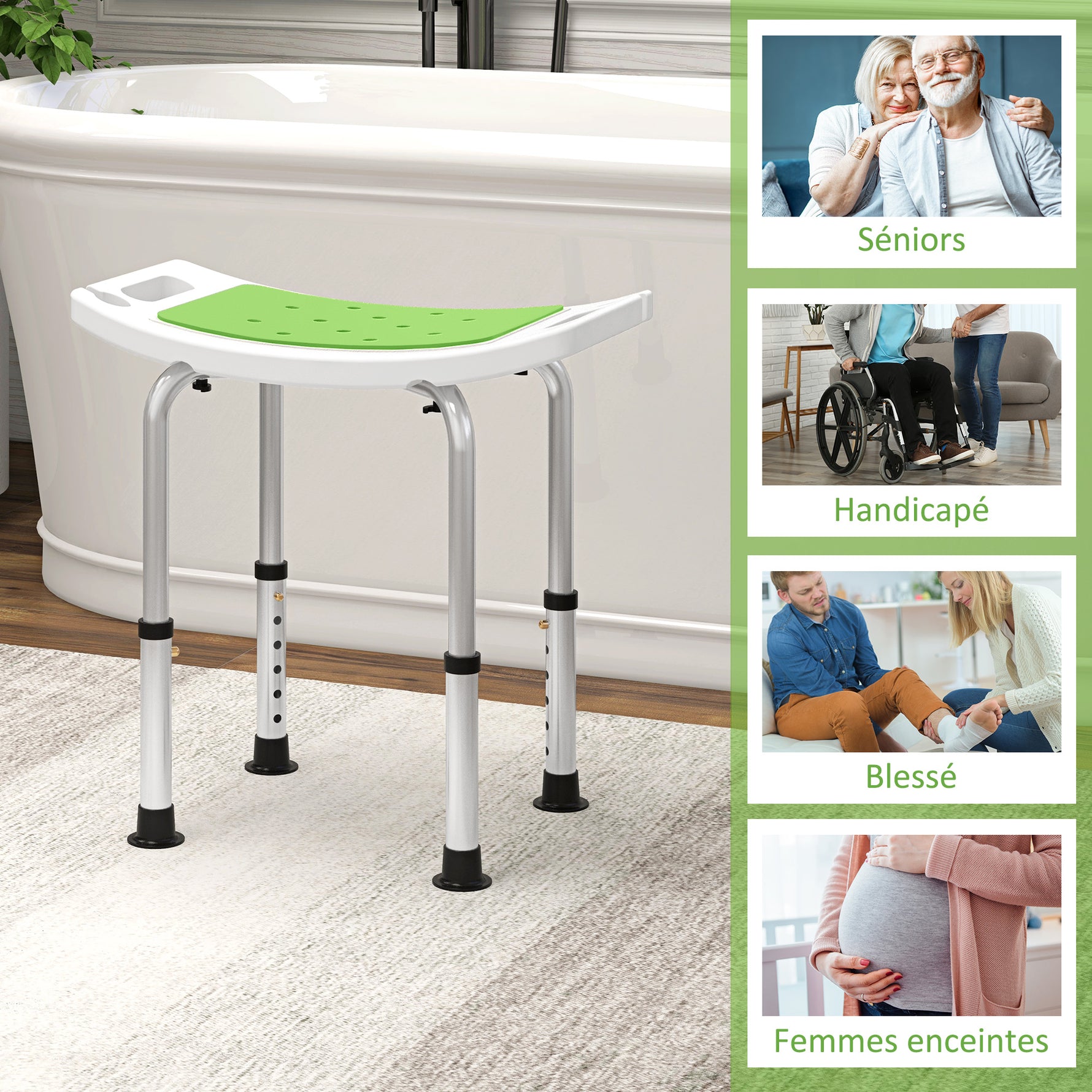 Siège de Douche réglable en Hauteur Tabouret de Douche Ergonomique Pieds antidérapants Charge Max. 135 Kg alu HDPE Vert