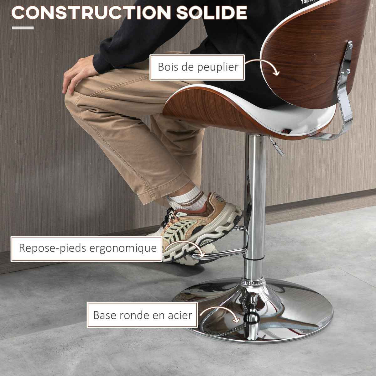 Set of 2 adjustable height bar stools, synthetic upholstery, 53 x 52 x 92-112 cm, white