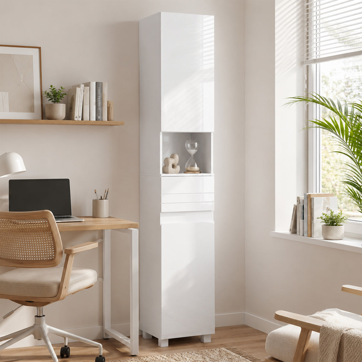 Badezimmerschrank, 2 Türen, Schublade, offenes Fach, verstellbare Einlegeböden, für Wohnzimmer, Schlafzimmer, 30x30x170cm, Weiß