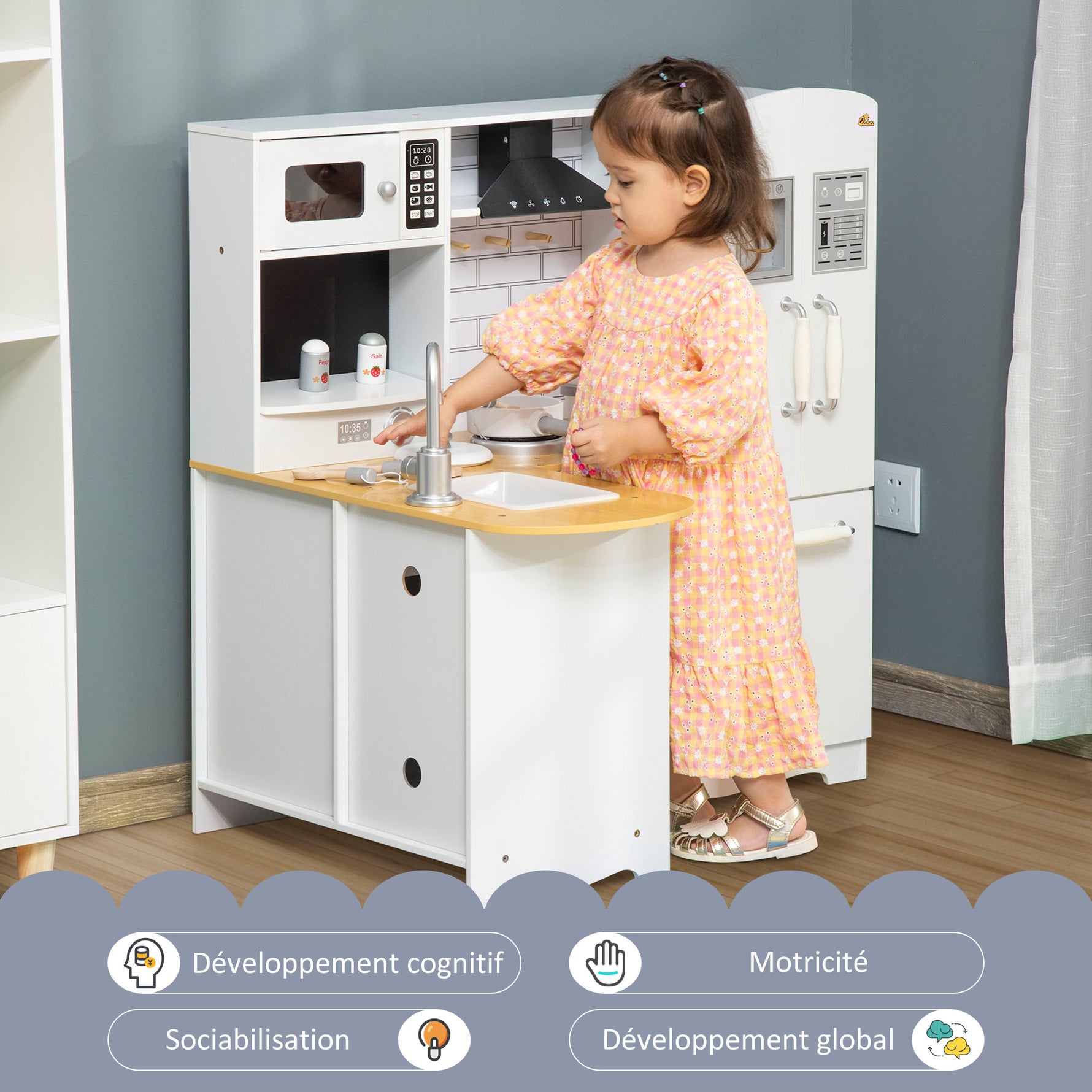 Cuisine pour Enfant 3-6 ans Jeu d'imitation Nombreux Accessoires rangements évier, robinet, four, micro-ondes, hotte, téléphone et réfrigérateur Blanc