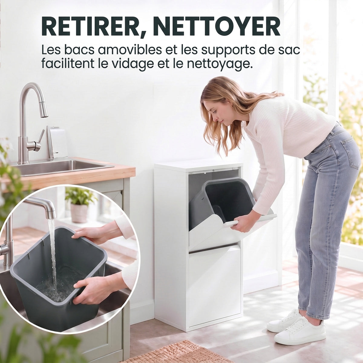Mueble para Basura de Clasificación Selectiva, Papelera de Reciclaje de 30 L (2 x 15 L) con 2 Compartimentos, Cierre Suave, Blanco