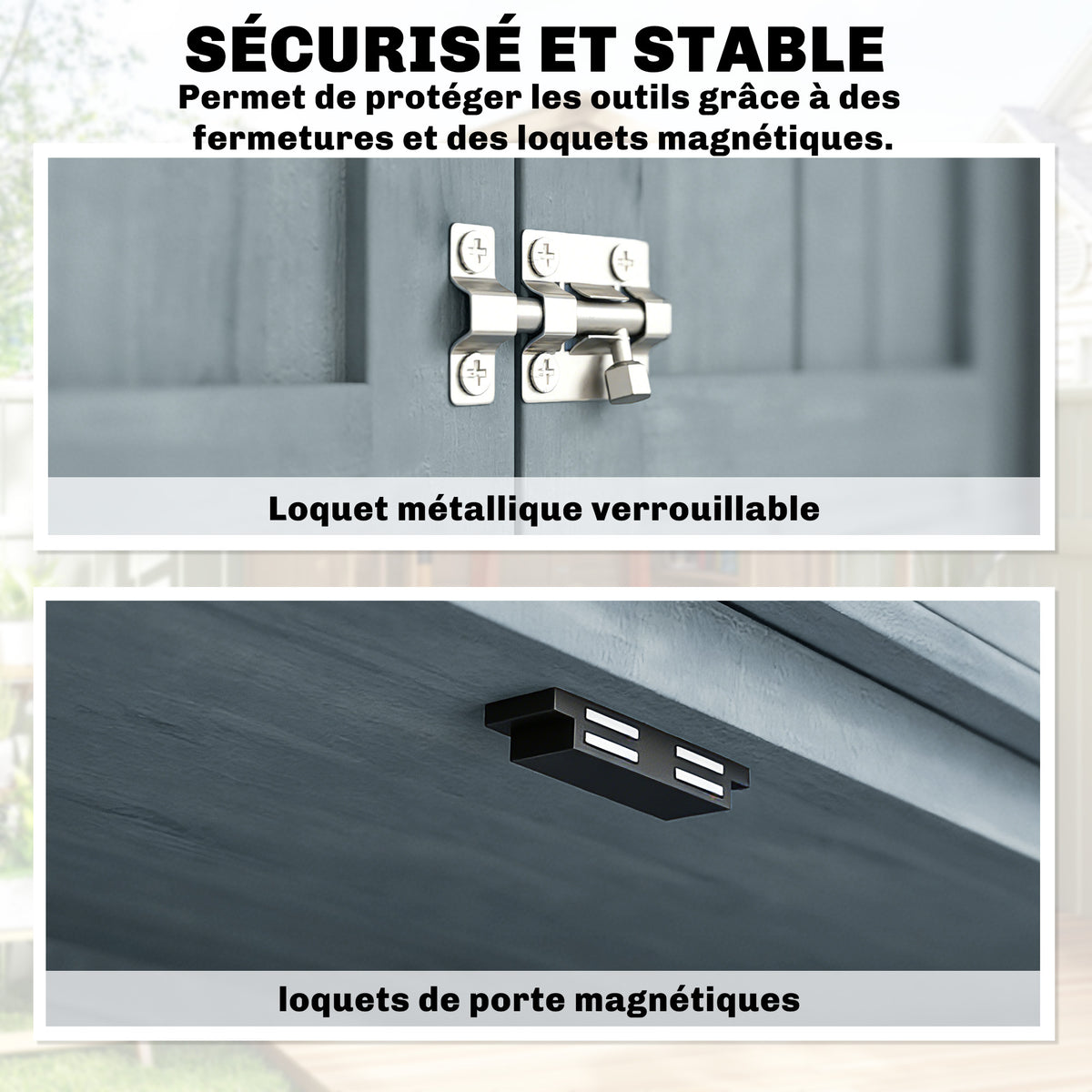 Armoire de jardin, armoire extérieure de rangement en bois avec 2 portes verrouillables, 2 étagères et 10 crochets, gris