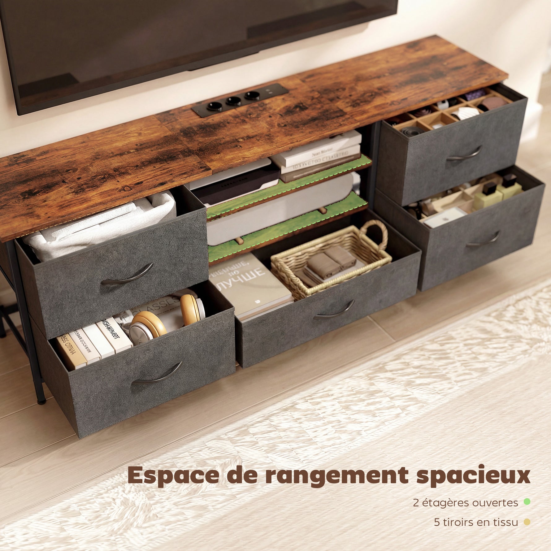 Meuble TV 140 cm, meuble télé 65 pouces, station de charge, 5 tiroirs en tissu, étagères ouvertes, 140x30x50cm, marron
