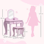 Coiffeuse pour enfant avec tabouret et miroir, table de maquillage avec tiroir et 2 compartiments, 55x36x86cm, rose