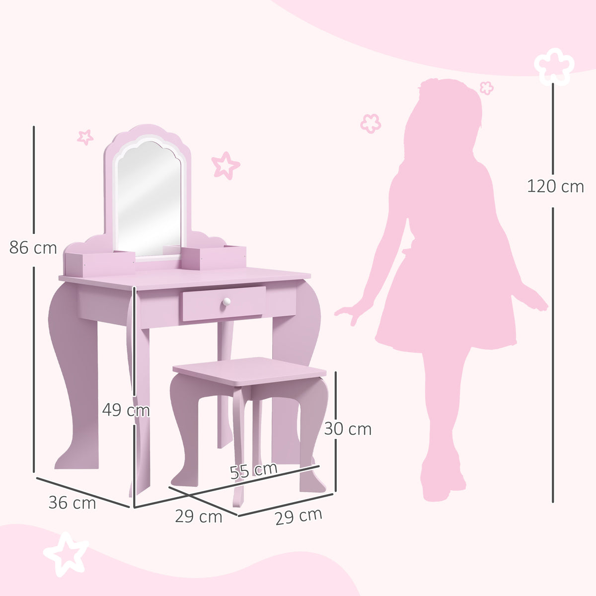 Coiffeuse pour enfant avec tabouret et miroir, table de maquillage avec tiroir et 2 compartiments, 55x36x86cm, rose