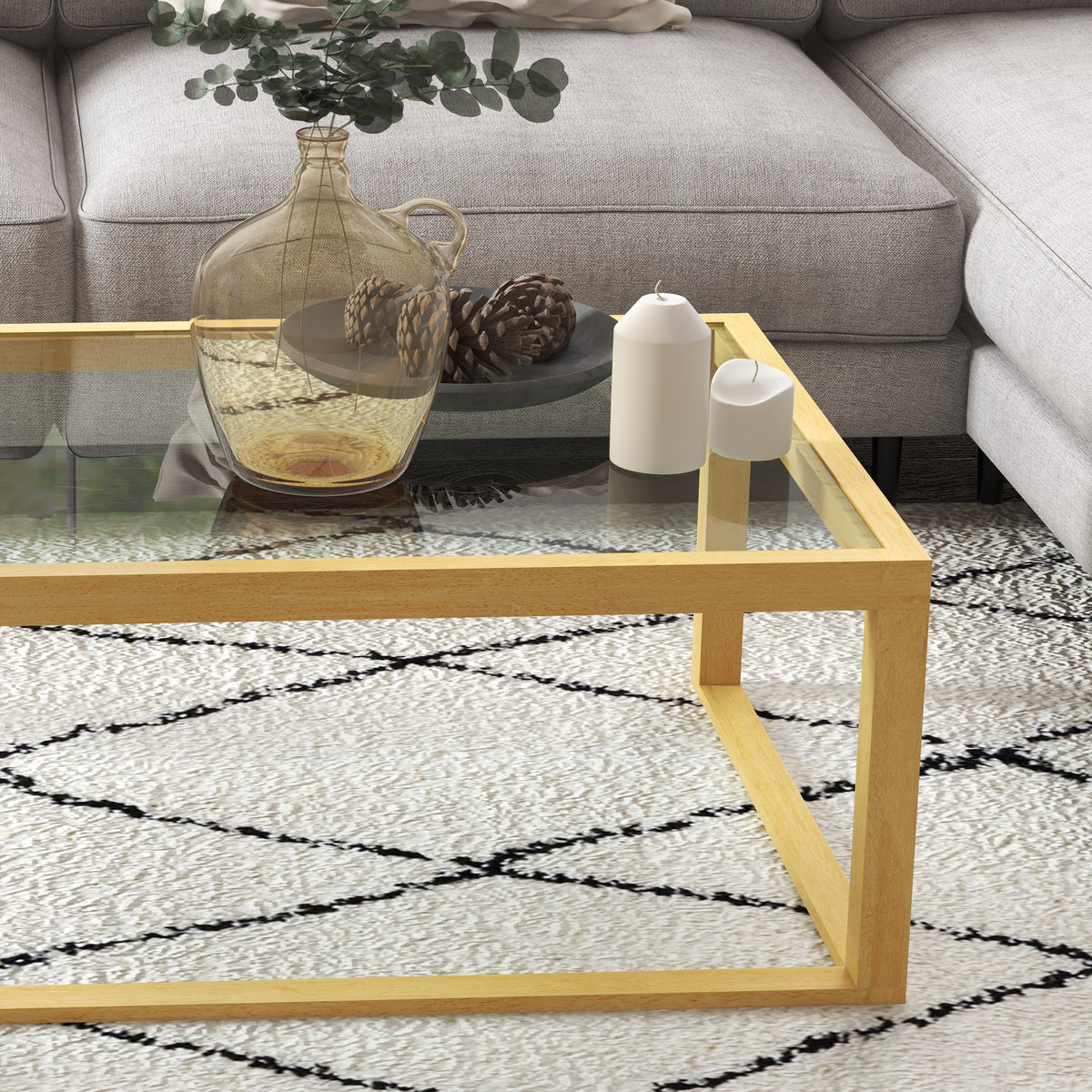 Table basse rectangulaire table de salon avec plateau en verre trempé cadre en bois d'hévéa dim. 100L x 60l x 35H cm