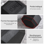 Haltère hexagonal 12,5 kg en fonte caoutchouté pour maison bureau gym à domicile, noir