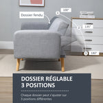 Canapé Convertible 2 Places Design scandinave Dossier inclinable 3 Positions Pieds Bois Tissu Aspect Lin Gris