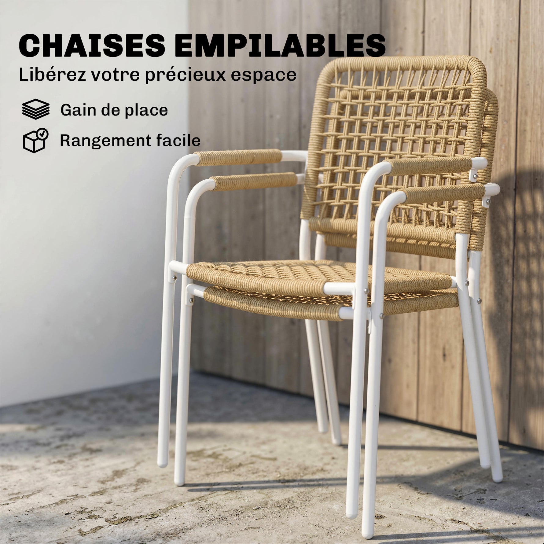 Lot de 2 Chaises de Jardin Empilables en Résine Tressée avec Accoudoirs et Dossier, 55x57x82cm, Jaune