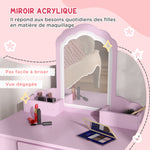 Coiffeuse pour enfant avec tabouret et miroir, table de maquillage avec tiroir et 2 compartiments, 55x36x86cm, rose