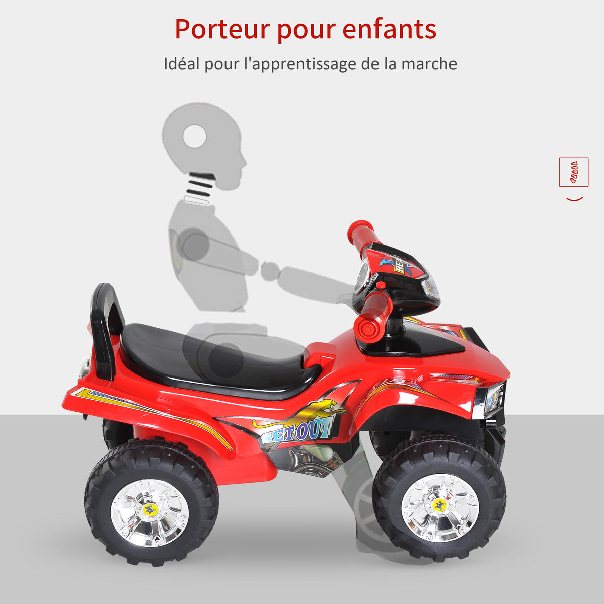 Porteur Enfants Quad 12-36 Mois dim. 60L x 38l x 42H cm Effets Lumineux et sonores Rouge Noir