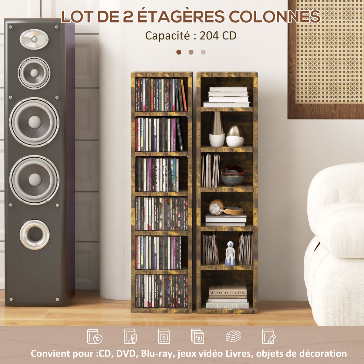 Lot de 2 étagères colonnes armoire de rangement CD 12 compartiments 21 x 22,5 x 88,5 cm capacité 204 CD brun rustique