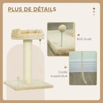 Arbre à chat grattoir design jeu boule et cordelette suspendue+ plateforme peluche - 55 x 55 x 83 cm - sisal beige