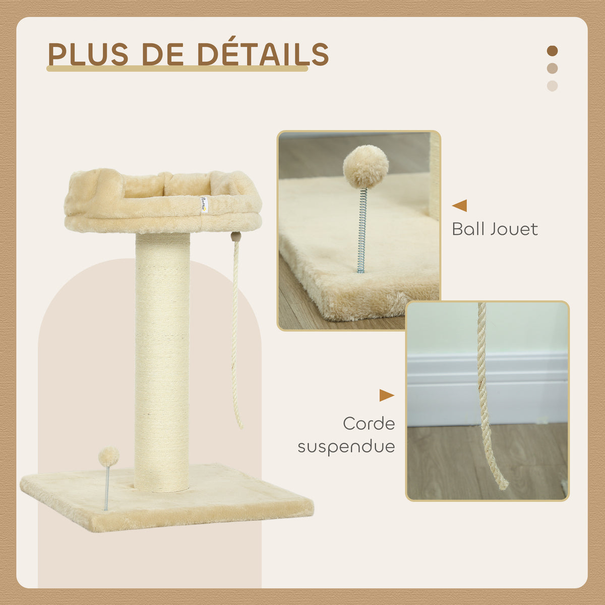 Arbre à chat grattoir design jeu boule et cordelette suspendue+ plateforme peluche - 55 x 55 x 83 cm - sisal beige