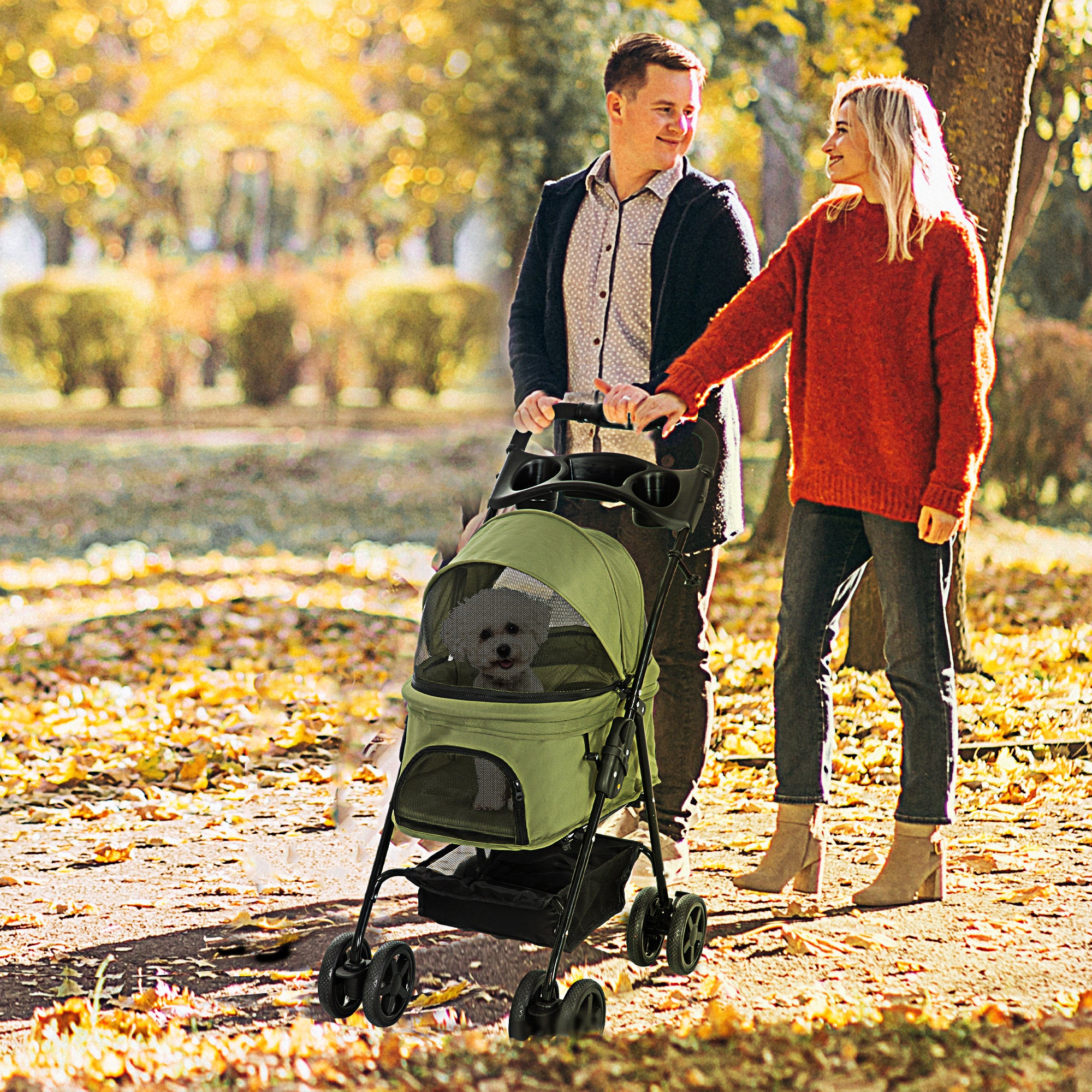Poussette buggy pliable chien chat panier rangement porte-gobelets tissu 300D Oxford imperméable 4 roues vert