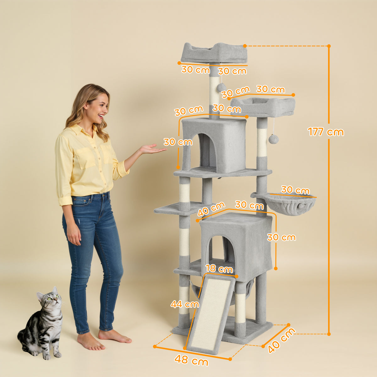 Krabpaal speeltoren voor katten 3 plateaus 2 huisjes 2 manden 2 hangmatten 1 ladder hoogte 177 cm lichtgrijs