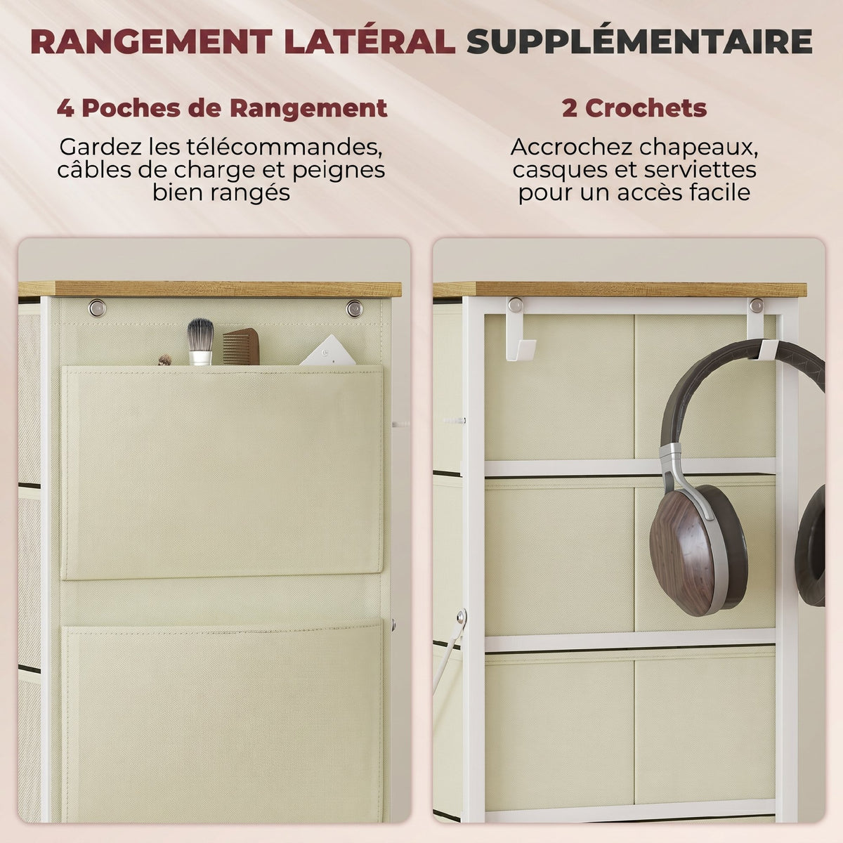 Commode 5 tiroirs en tissu, meuble de rangement avec 4 poches, 2 crochets, structure en acier, 45 x 30 x 94,5 cm, beige