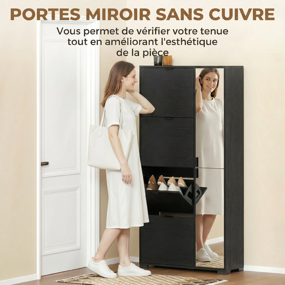 Meuble à chaussures 16 paires armoire à chaussures 4 tiroirs rabattables 2 portes en miroir étagères réglables noir