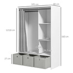Armadio guardaroba armadio contenitore con asta appendiabiti, tende e 3 cassetti in tessuto rimovibili, 105 x 48 x 160 cm, bianco