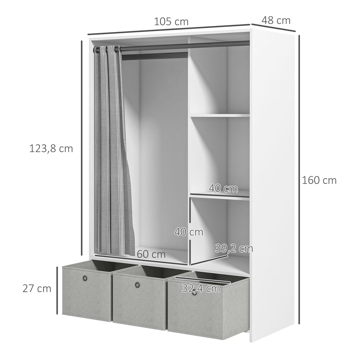 Armadio guardaroba armadio contenitore con asta appendiabiti, tende e 3 cassetti in tessuto rimovibili, 105 x 48 x 160 cm, bianco