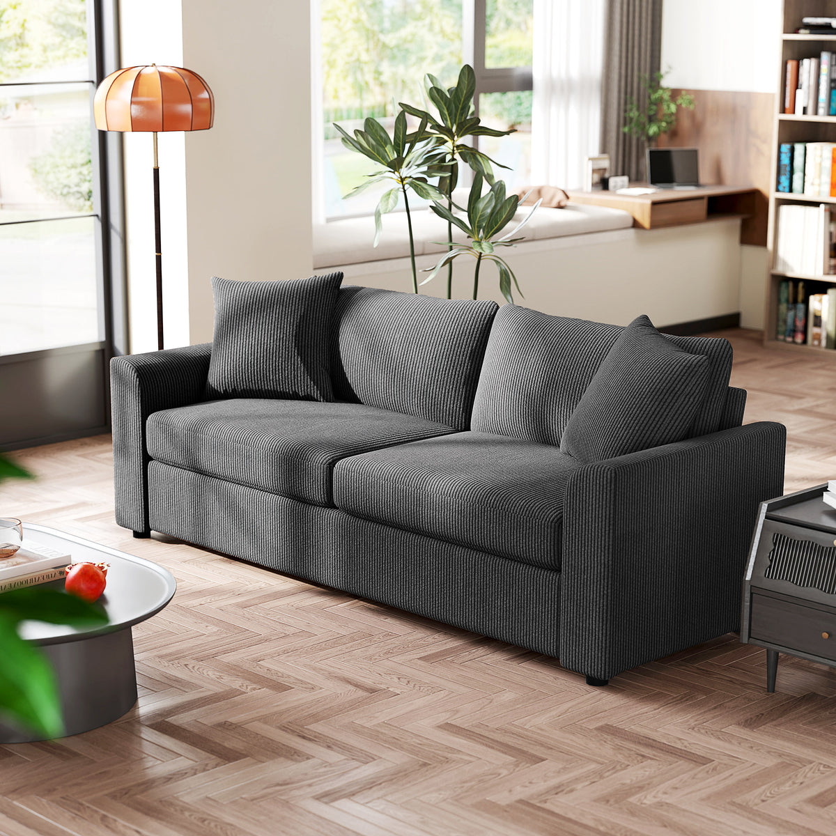 Sofá de 3 plazas de 212 cm con 2 cojines de muelles, tejido de pana, para salón, dormitorio, oficina en casa, gris oscuro
