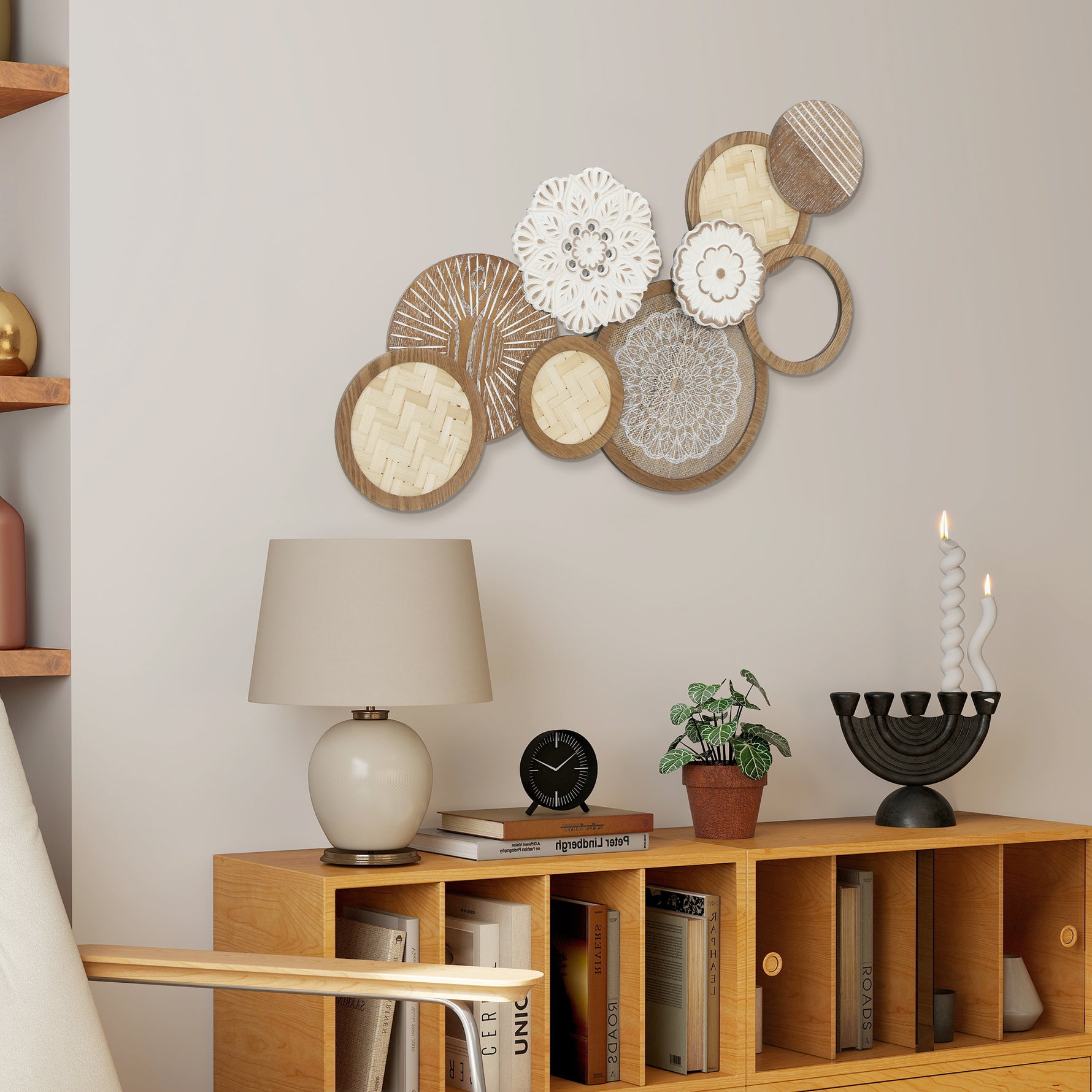 Décoration murale en bois, sculpture murale en bois, design unique à plusieurs disques, 83,8 x 44,5 cm, bois naturel