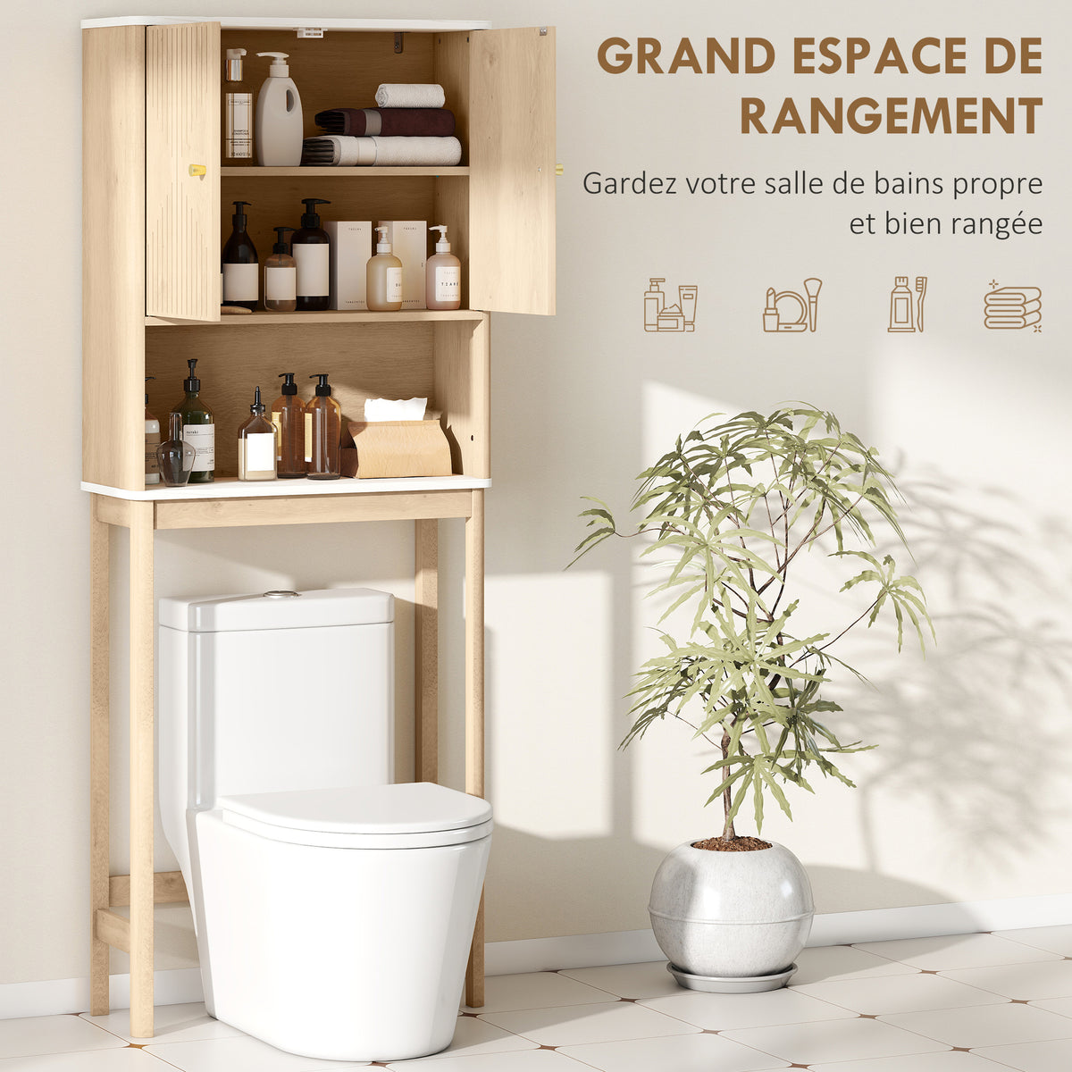Meuble WC dessus de toilette meuble toilettes WC rangement avec placard à double porte étagères  66 x 25 x 168 cm, chêne