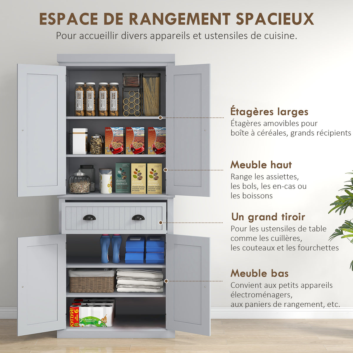 Armoire de cuisine buffet cuisine multi-rangements étagères réglables 4 portes grand tiroir 76,2 x 40,2 x 183 cm gris