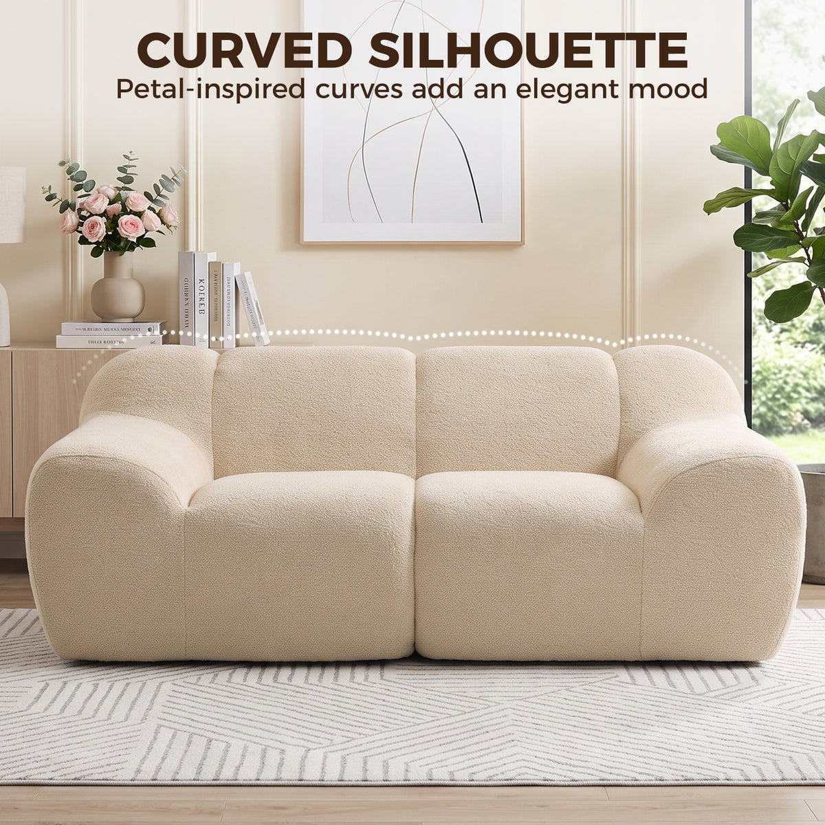 Canapé 2 Places en Chenille, Canapé de Salon 174cm, Assise et Accoudoirs Larges Rembourrés, Entièrement Compressé, Beige