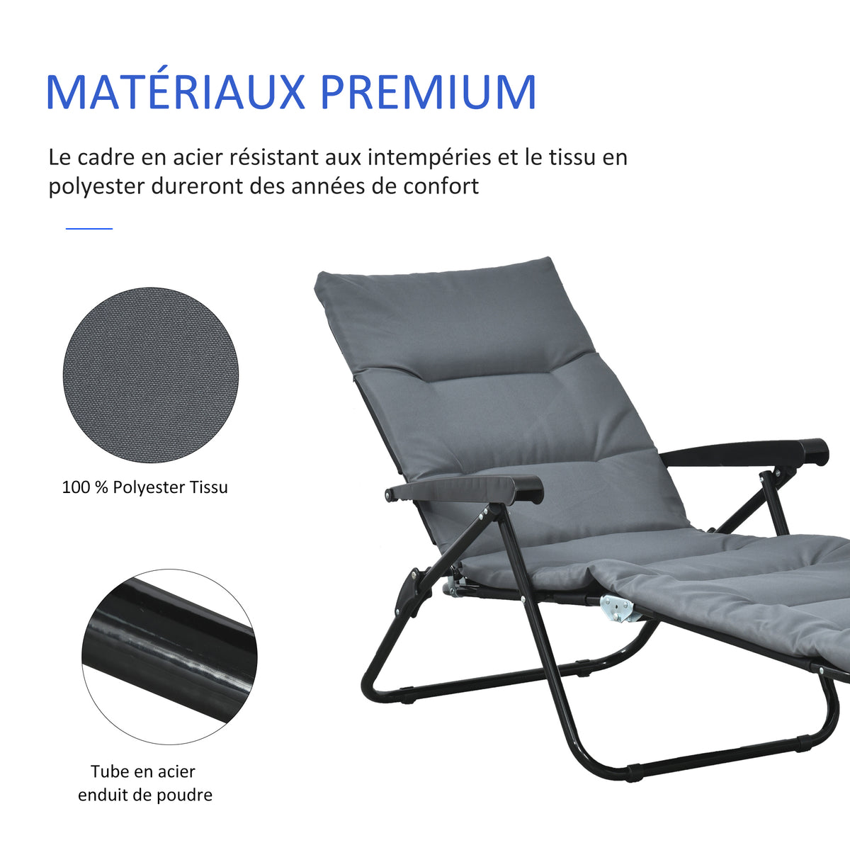 Bain de soleil pliable transat inclinable 6 positions avec matelas + accoudoirs acier polyester gris