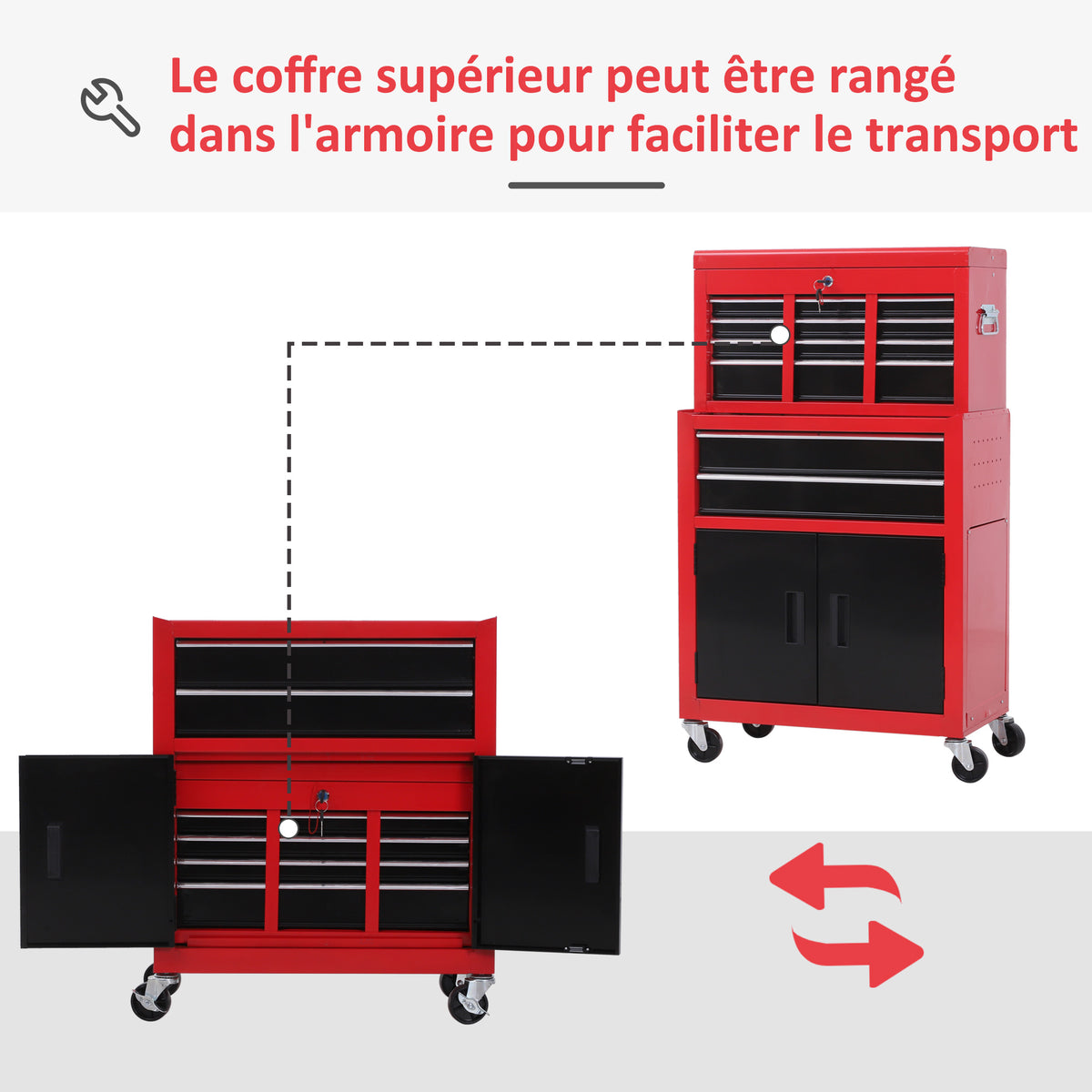 Servante d'atelier servante/ caisse à outil 6 tiroir +1 commode coffre amovible chariot acier rouge et noir