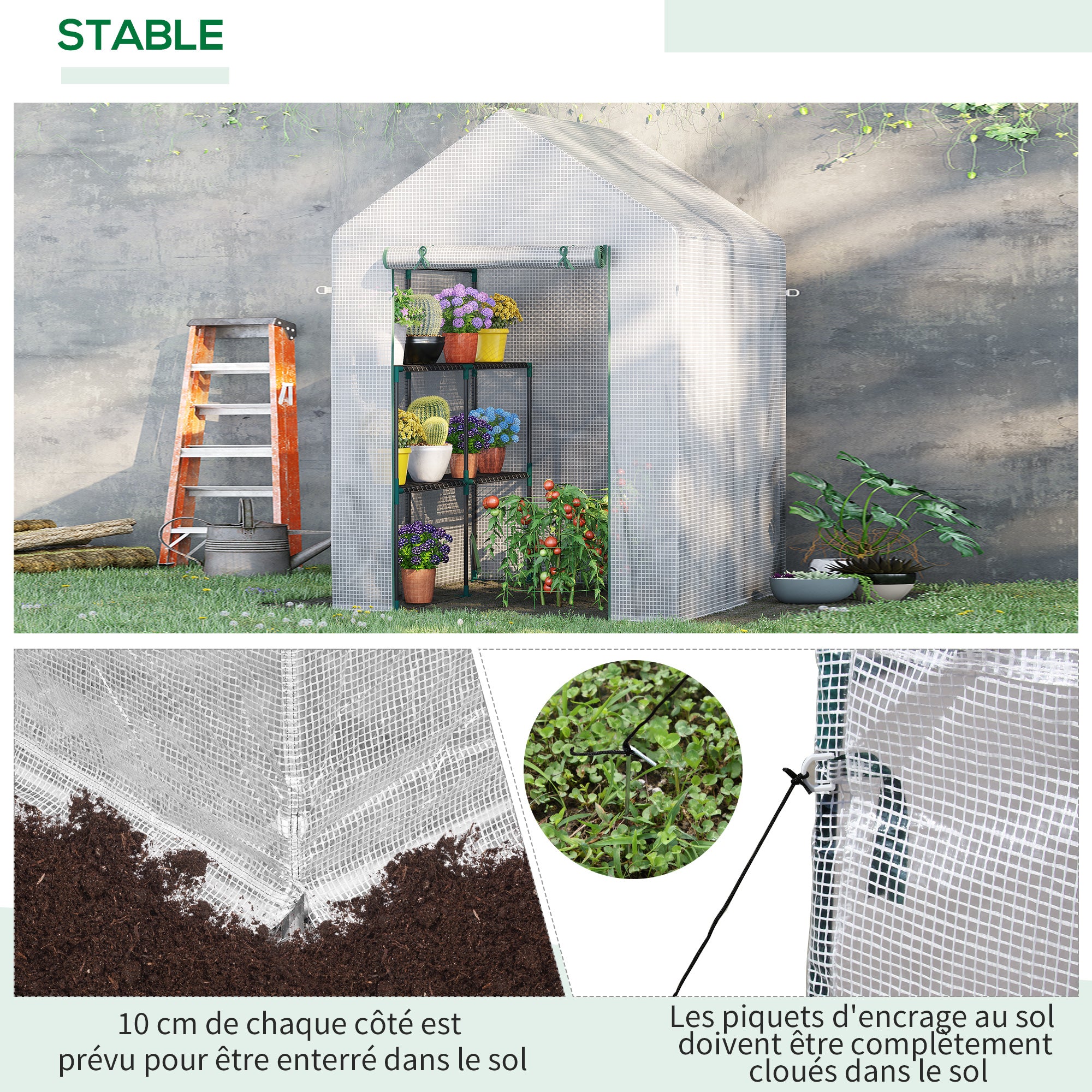 Serre de jardin PE avec étagères 2 niveaux, serre de balcon, bâche renforcée 140 g/m², châssis en acier, porte zippée enroulable, pour légumes plantes fleurs, 143x143x195cm, blanc
