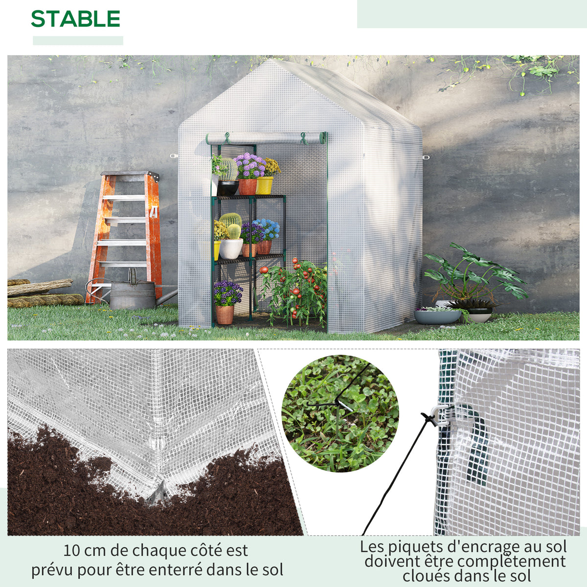 Serre de jardin PE avec étagères 2 niveaux, serre de balcon, bâche renforcée 140 g/m², châssis en acier, porte zippée enroulable, pour légumes plantes fleurs, 143x143x195cm, blanc