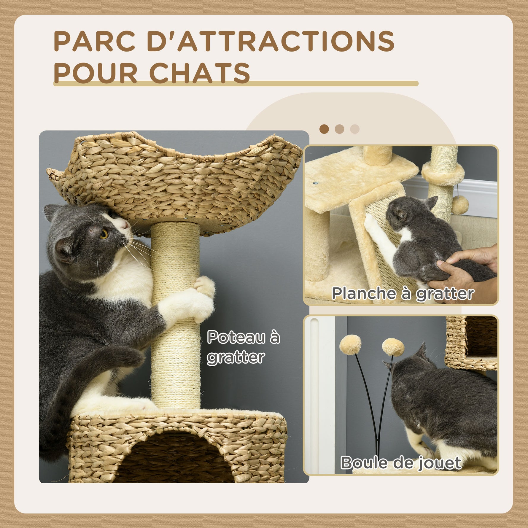 Arbre à chat hauteur 116 cm niche panier plateformes pompons en peluche et jacinthe d'eau - beige