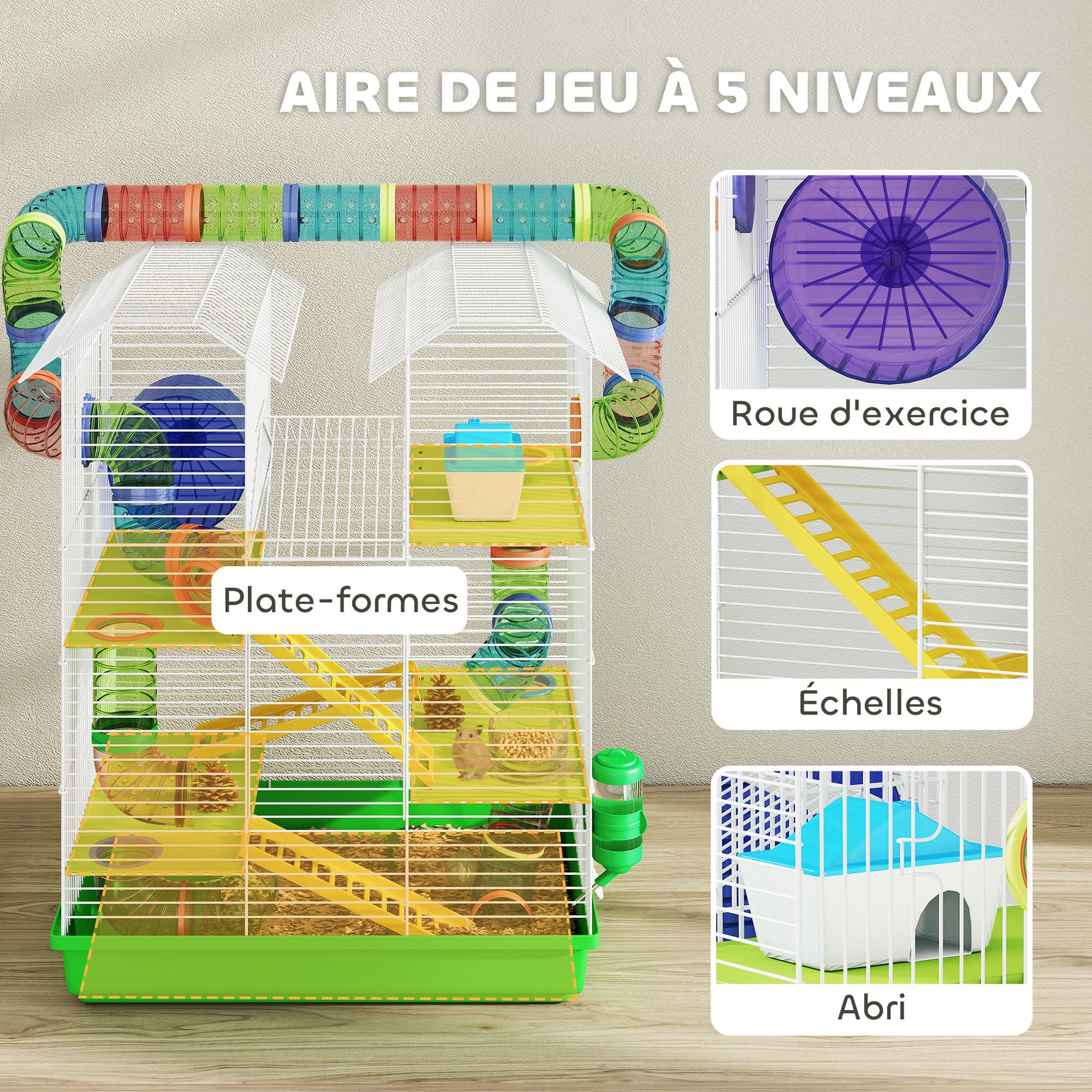 Cage pour hamster souris petit animaux rongeur avec tunnel mangeoire roue jouet 47 x 30 x 59 cm vert