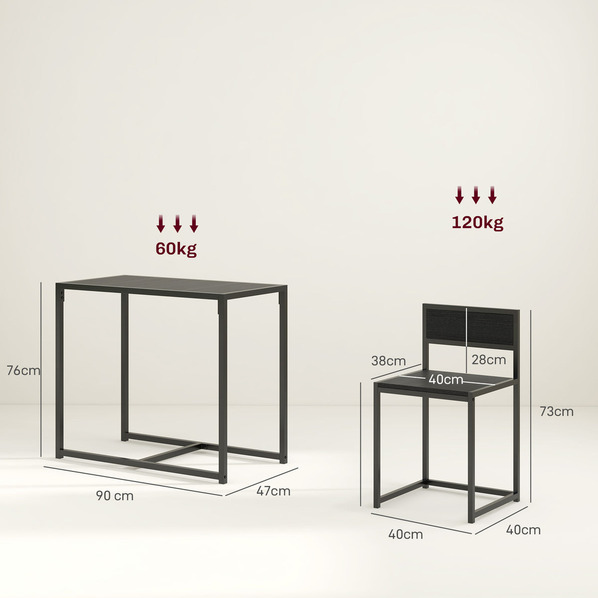 Ensemble table et chaises , table à manger 3 pièces avec 2 chaises encastrables, pour cuisine salon maison, noir