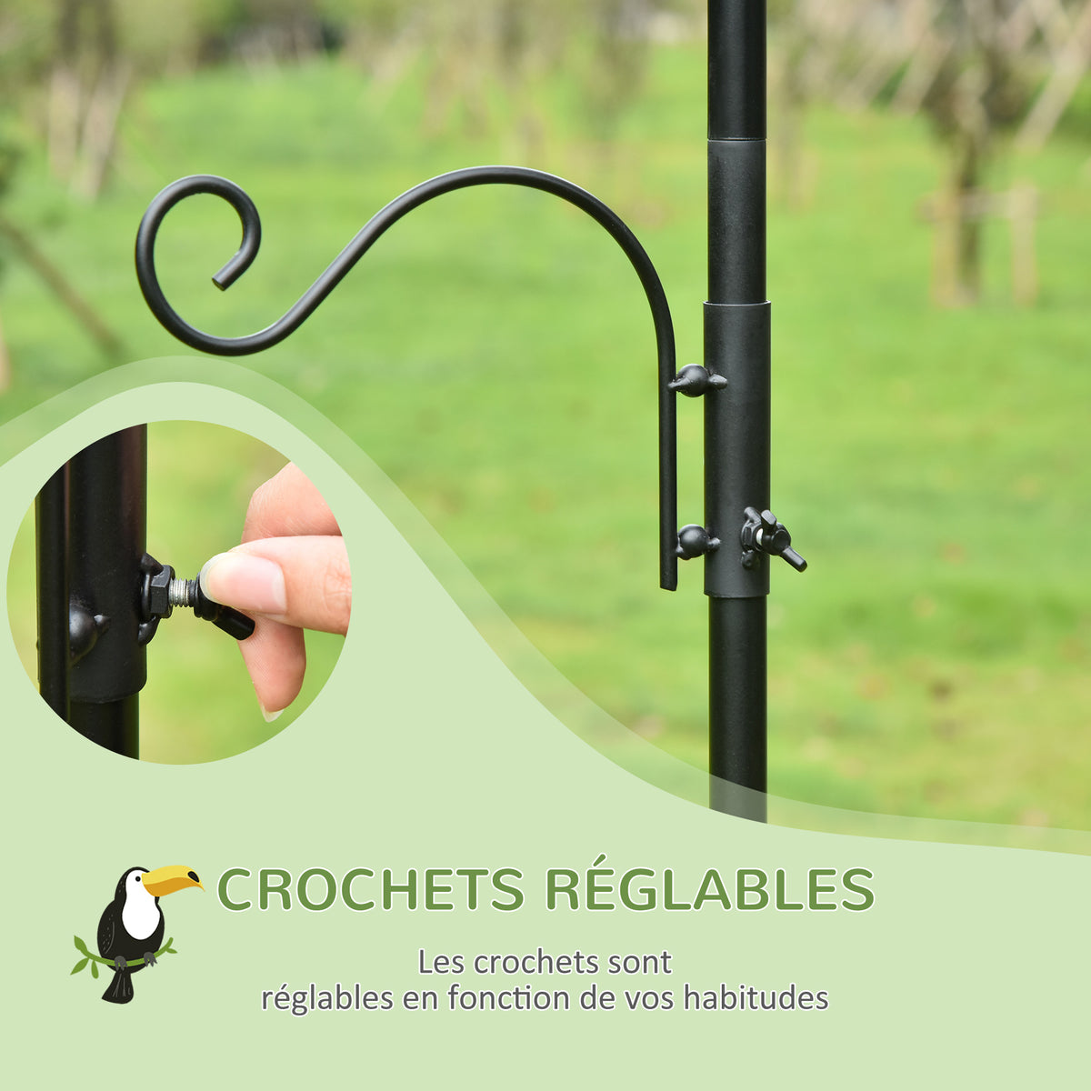 Mangiatoia per uccelli, stazione di alimentazione decorativa per uccelli selvatici con 4 ganci, 54,5 x 54,5 x 208 cm, nero