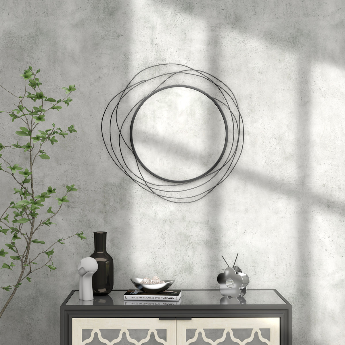 Espejo redondo de metal con perfil negro, decoración de estilo moderno, diámetro Φ65 cm