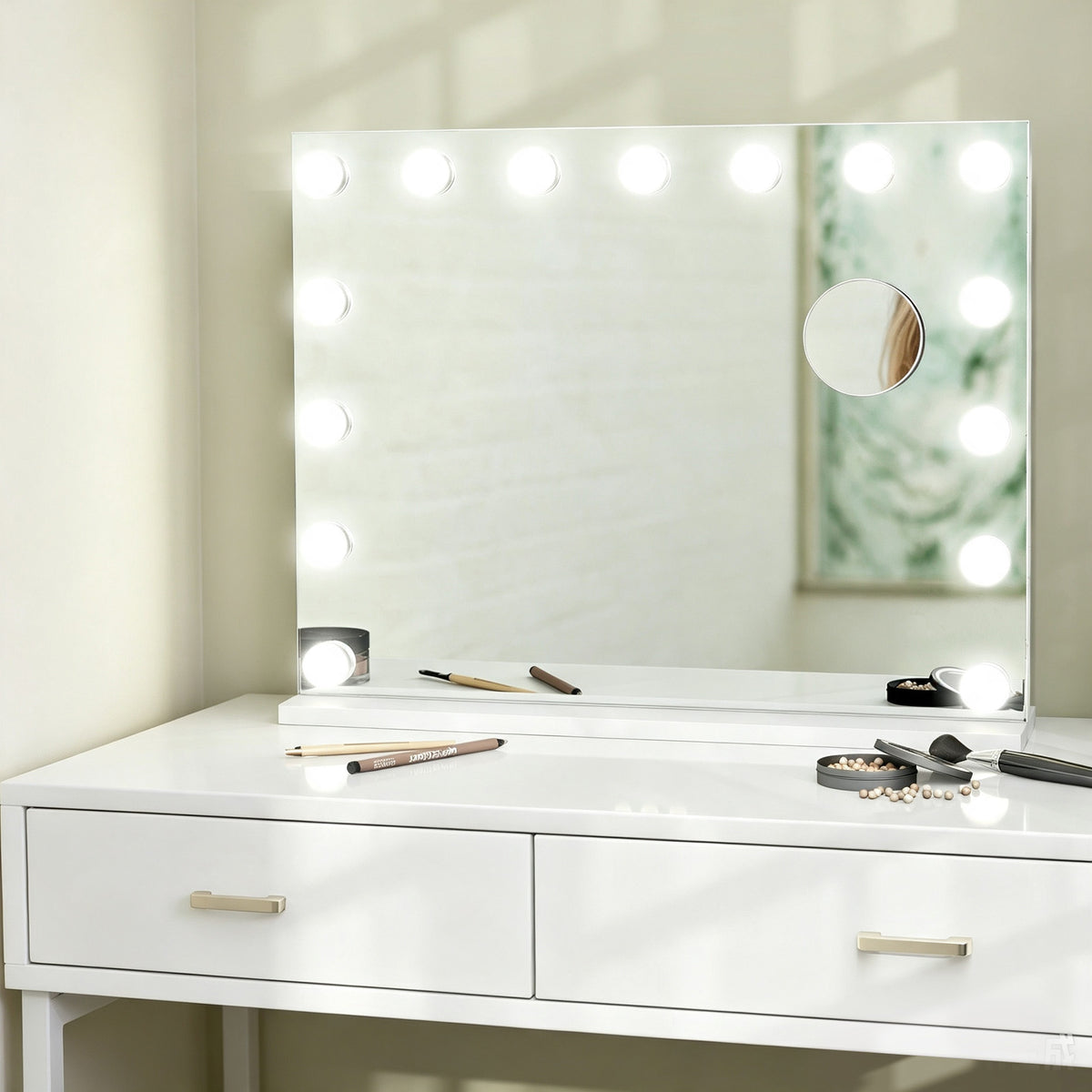 Miroir Maquillage Hollywood 58 x 48 cm, Miroir Coiffeuse LED, 15 Ampoules, 3 Modes d'Éclairage, Port USB de Charge