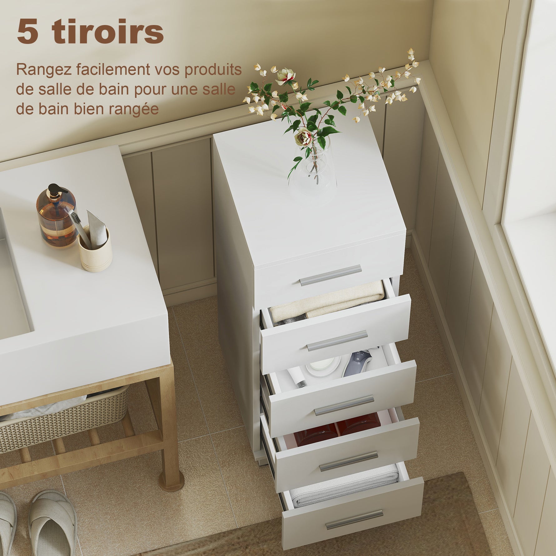 Meuble de Salle de Bain 5 Tiroirs, Meuble de Rangement, 30 x 30 x 95 cm, Commode Salle de Bain, 30 x 30 x 95 cm, Blanc
