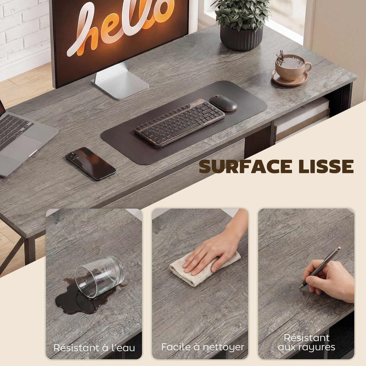 Bureau d'ordinateur, 120×50cm, bureau avec rangement, plateau clavier, compartiment ouvert et 2 tiroirs, gris